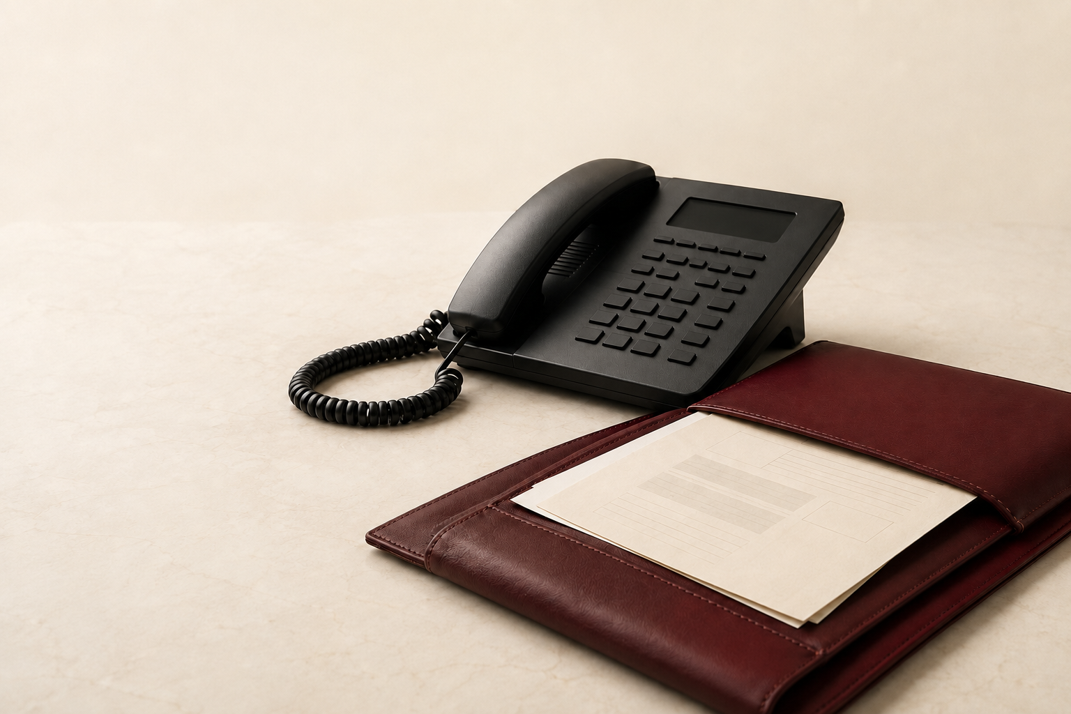 Black office telephone beside a leather legal intake folio